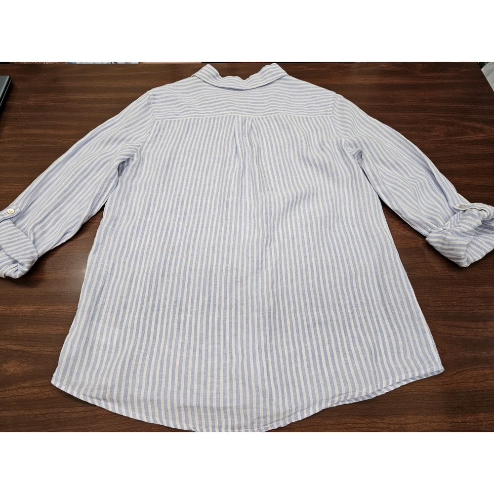 Jones New York Women's Medium 100% Linen Blue White Striped Button Down Shirt M - Picture 4 of 7